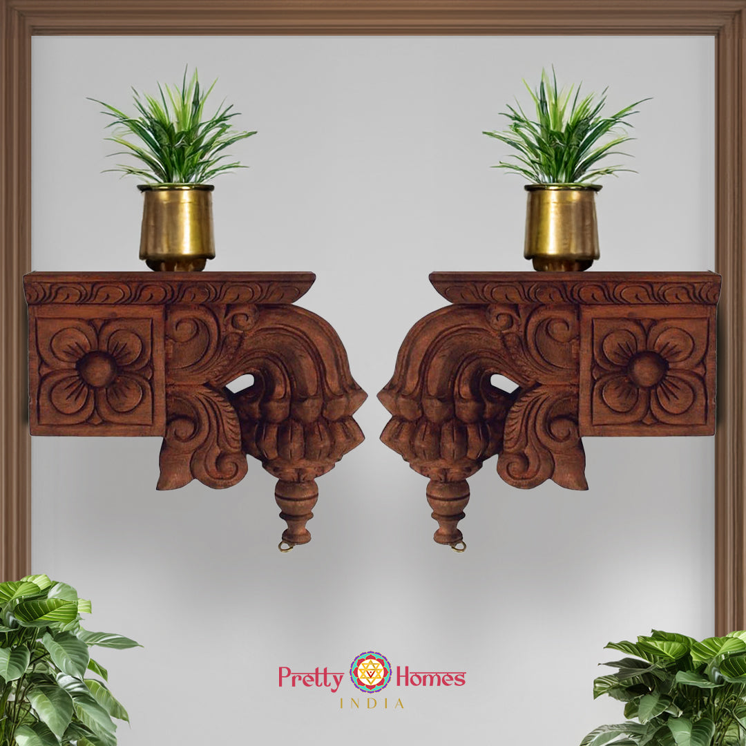 Traditional handcarved wooden wall bracket featuring carved lotus base design
