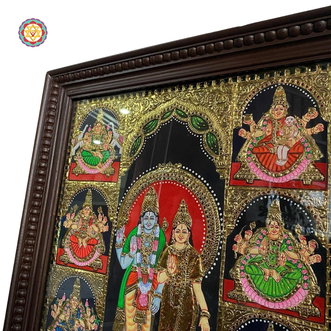 “Top-view close-up of Tanjore painting capturing multiple Lakshmi forms and gold-foiled arch”
