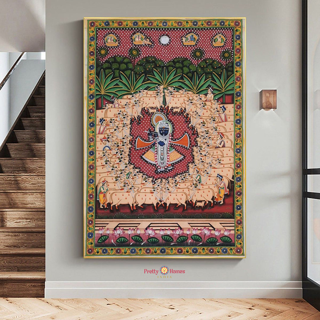 hand painted pichwai gopastami antique style devotional painting on cotton canvas