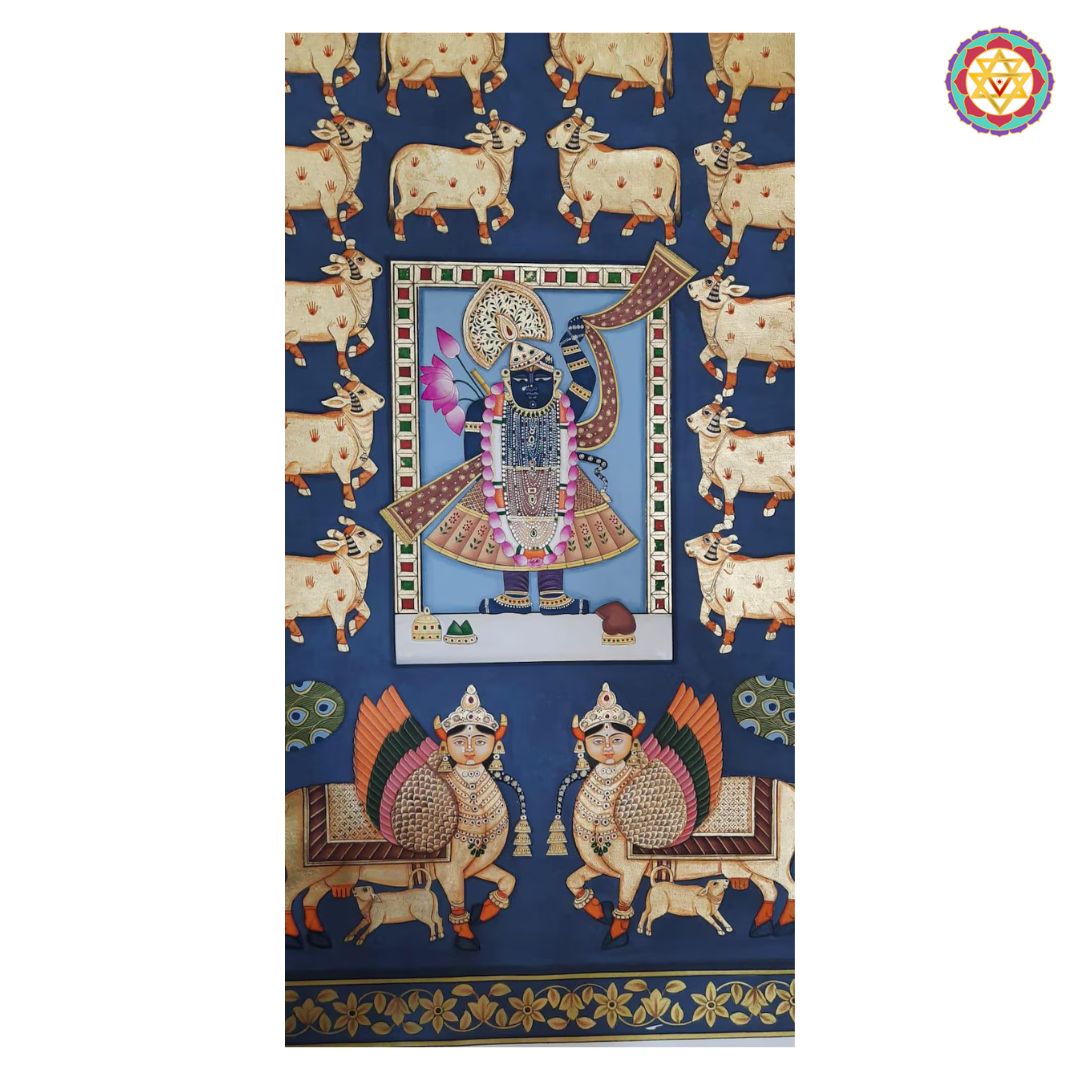 close-up showing kamdhenu pair and shrinathji ornaments