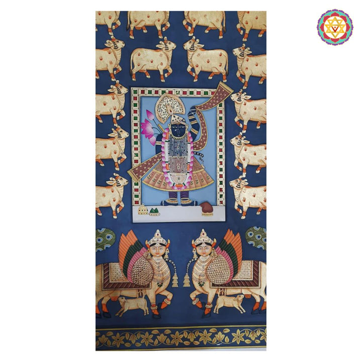 Shrinathji Darshan – Handpainted Pichwai with Cows & Kamdhenu Pair