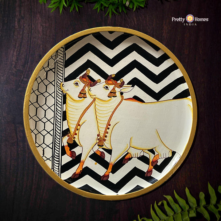 Pichwai -handpainted wall plate -cows with geometric patterns&