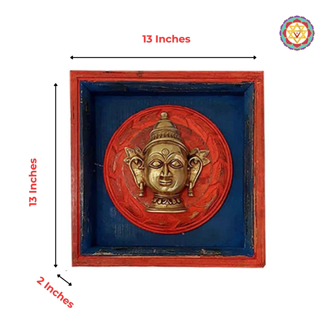 Product dimension image showing a   -inch red/blue framed brass deity wall plaque.