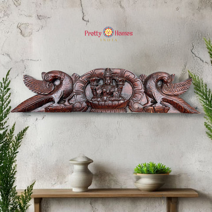 Graceful Horizontal Lakshmi Panel with Parrots – Handcarved Wood Decor