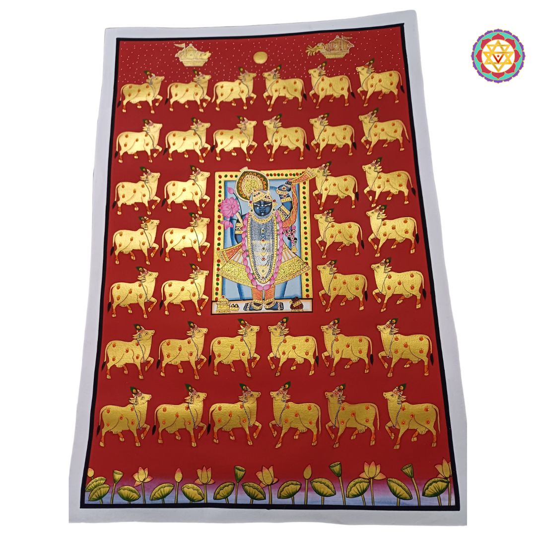 hand-painted pichwai painting -Shrinathji with Golden Cows