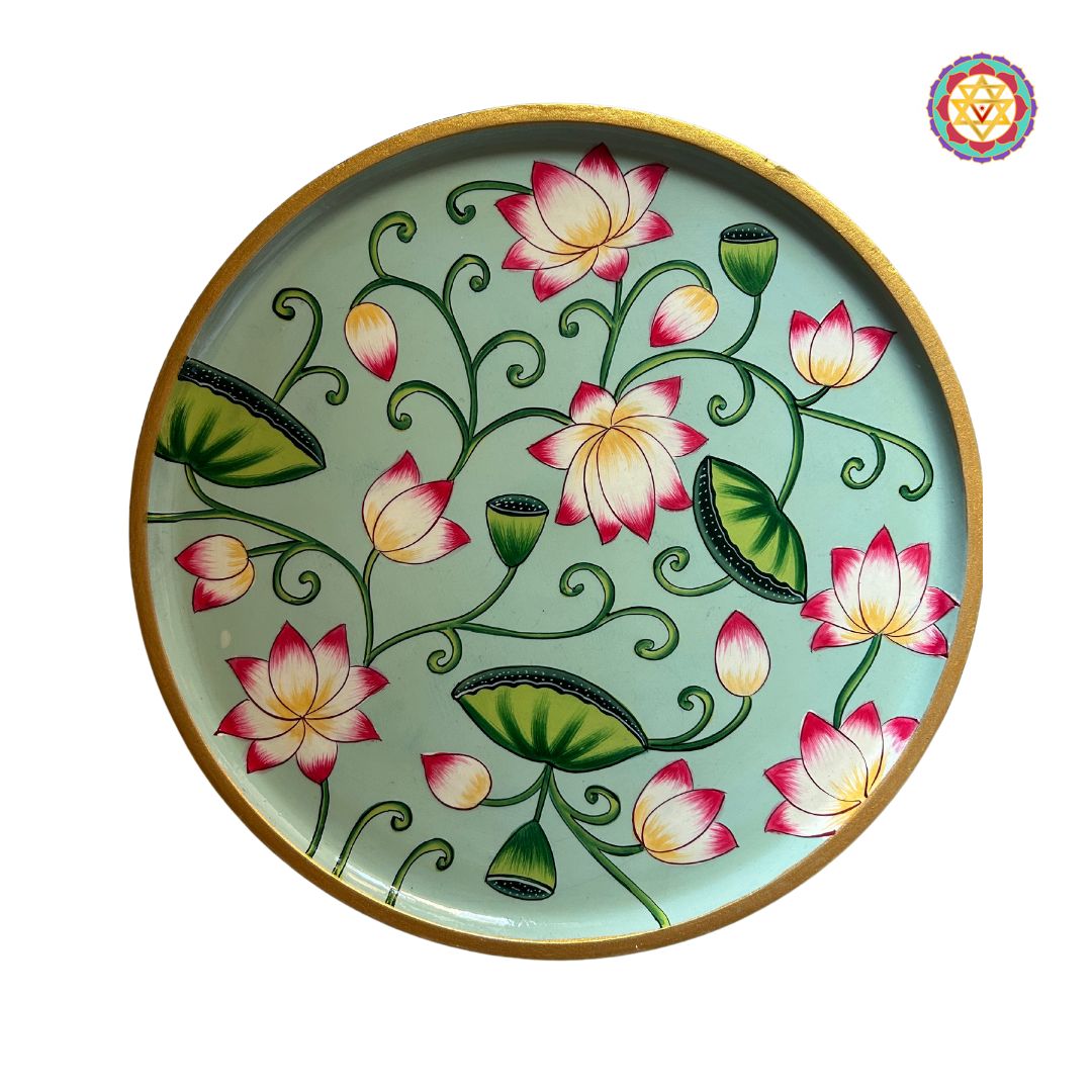 Hand painted pichwai design wall plate with stylized lotus flowers and leaves