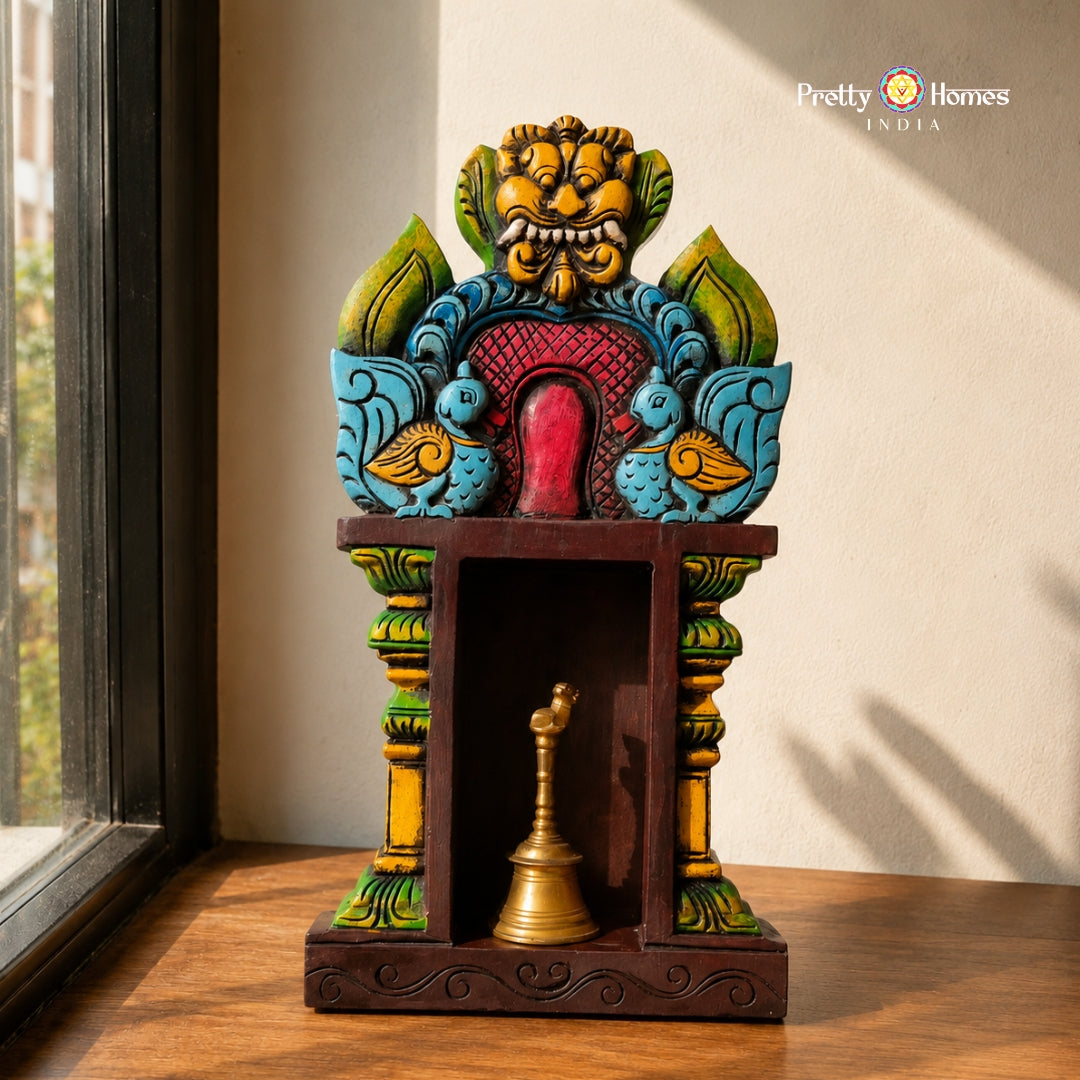 Temple-Style Wooden Box Shelf with Pillar & Annam Carvings