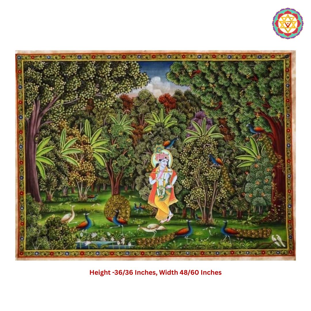 horizontal handpainted pichwai krishna playing flute in forest setting framed-detail image showing edge finishing and mounting hardware