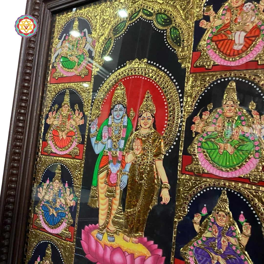 “Detailed view of Lord Vishnu and central Lakshmi forms in 22-carat gold foil Tanjore art”