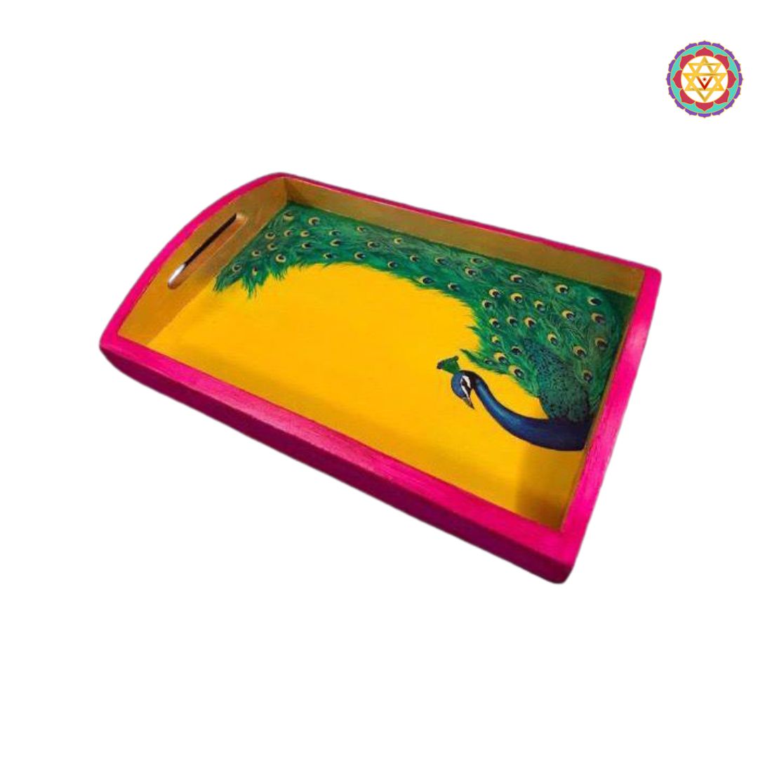 close-up of peacock artwork on hand-painted wooden tray