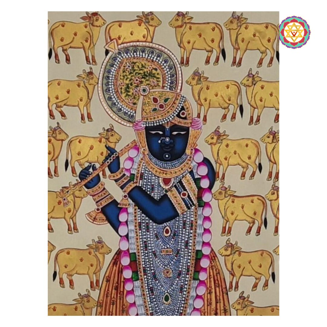 close-up of shrinathji pichwai showing divine expressions and fine painting details