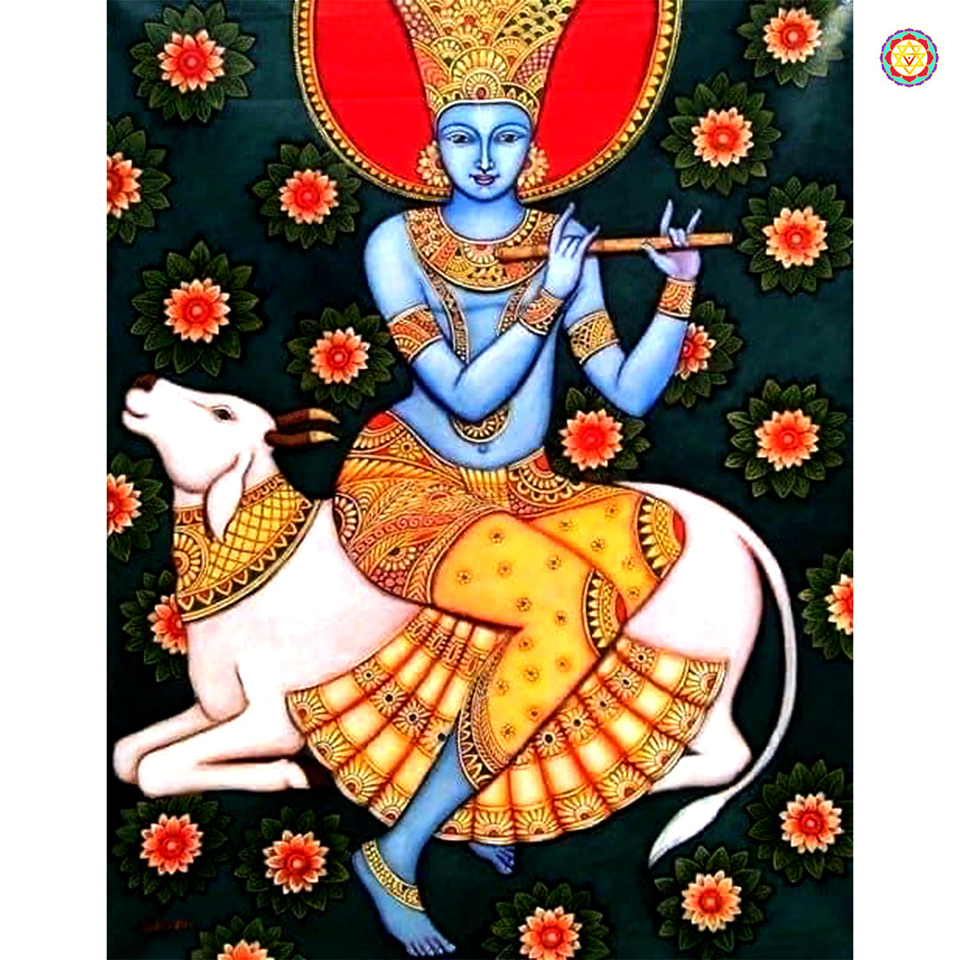 Hand-painted Pichwai wall art featuring Krishna with cows in temple garden