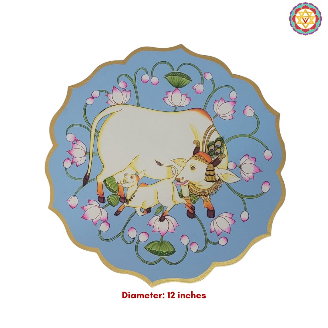 Handpainted Petal-Shaped Pichwai Wall Plate – Cow and Calf with Lotuses | Pichwai Artwork