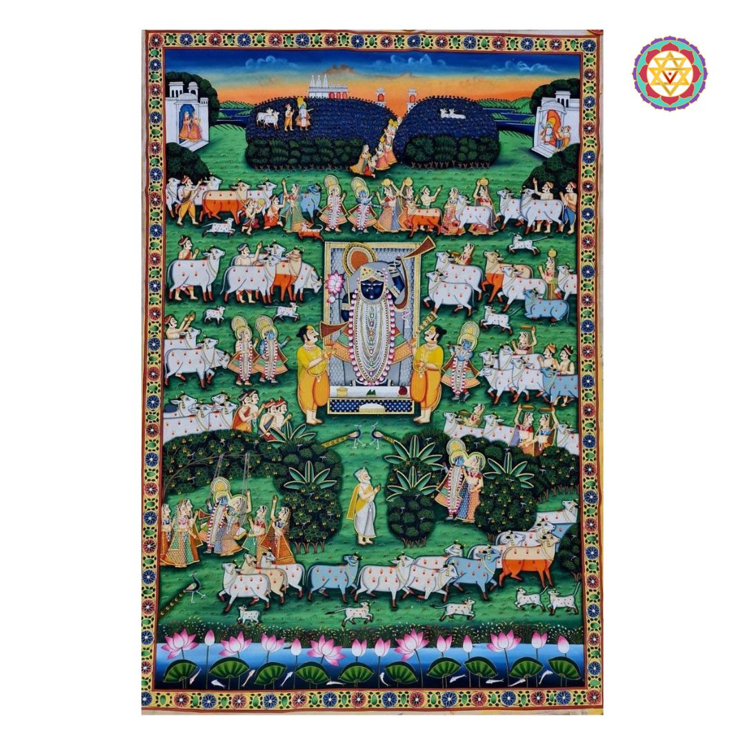 Close-up of Srinathji surrounded by cows and deities in traditional pichwai painting style.
