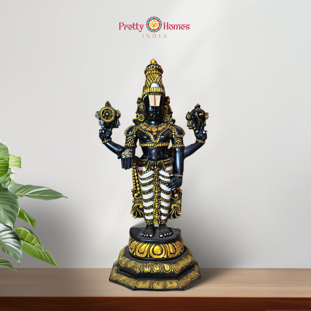 Close-up view of Perumal Tirupati Balaji idol showing fine wooden carvings