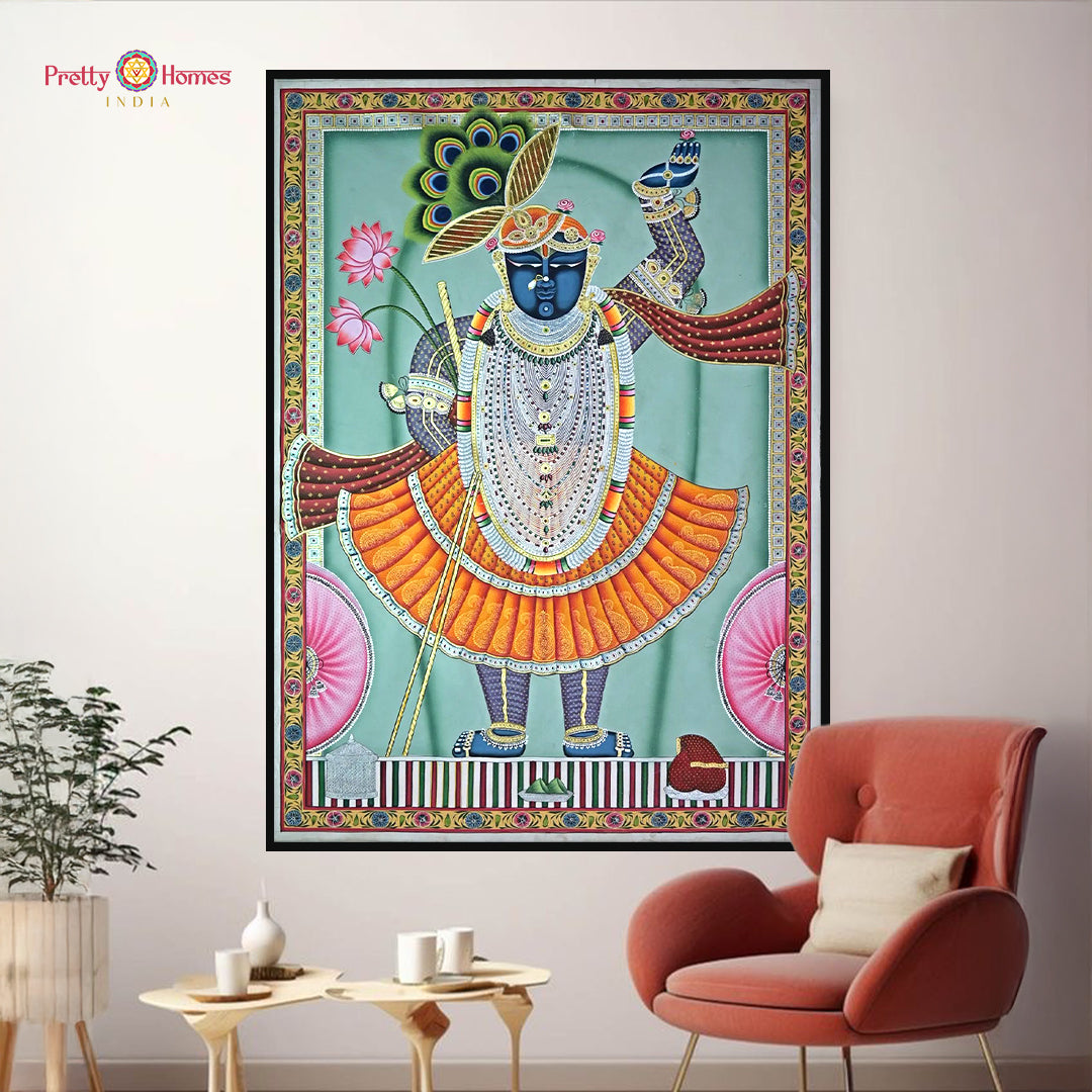 Hand-painted Pichwai of Shrinathji Krishna Swaroop — devotional Indian painting on cloth with natural pigment detailing