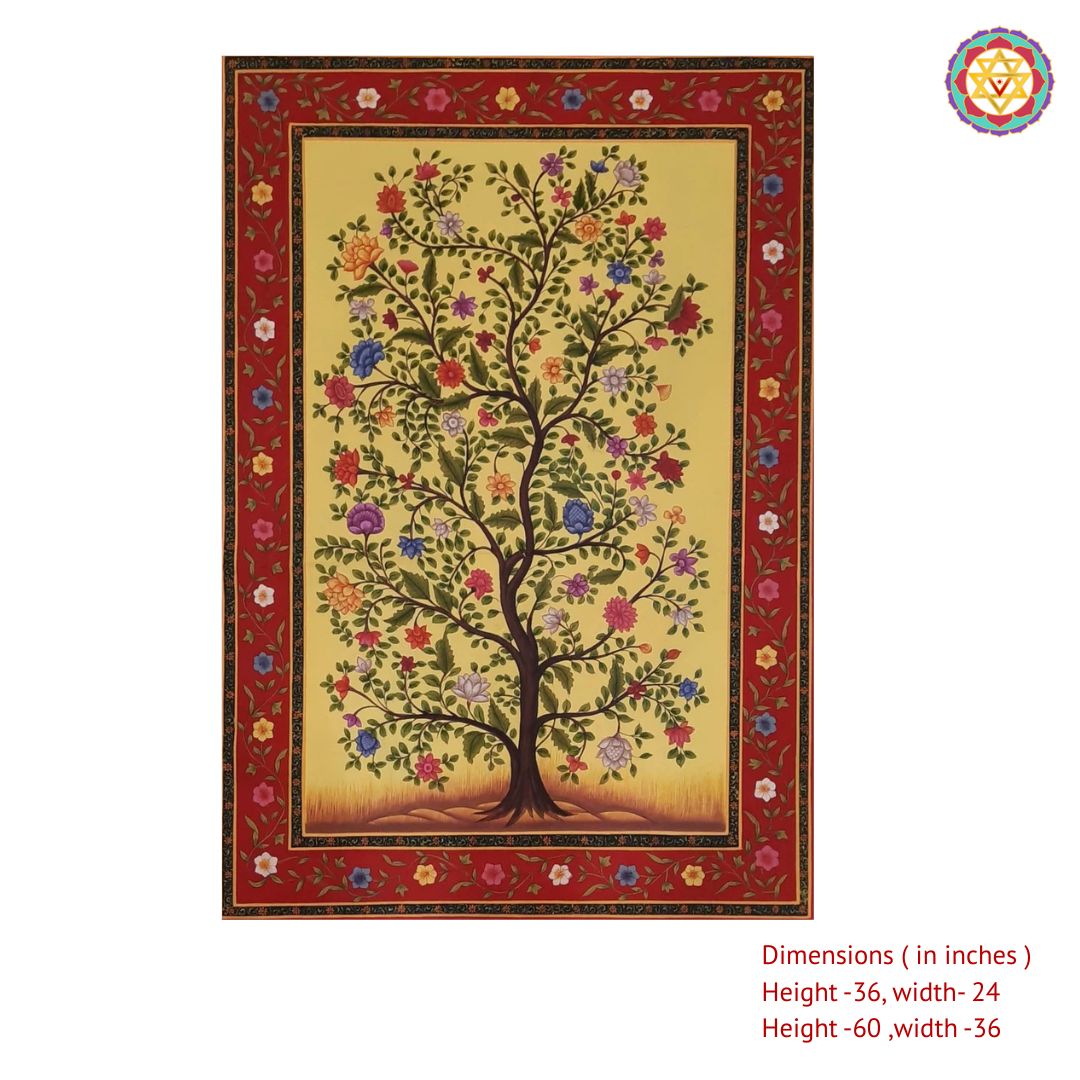 Close view of handpainted pichwai tree of life with artistic patterns