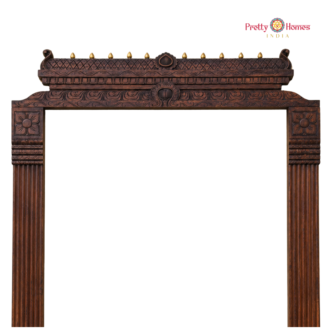 Wood-Carved Chettinad-Style Gopuram with Fluted Floral Pillars