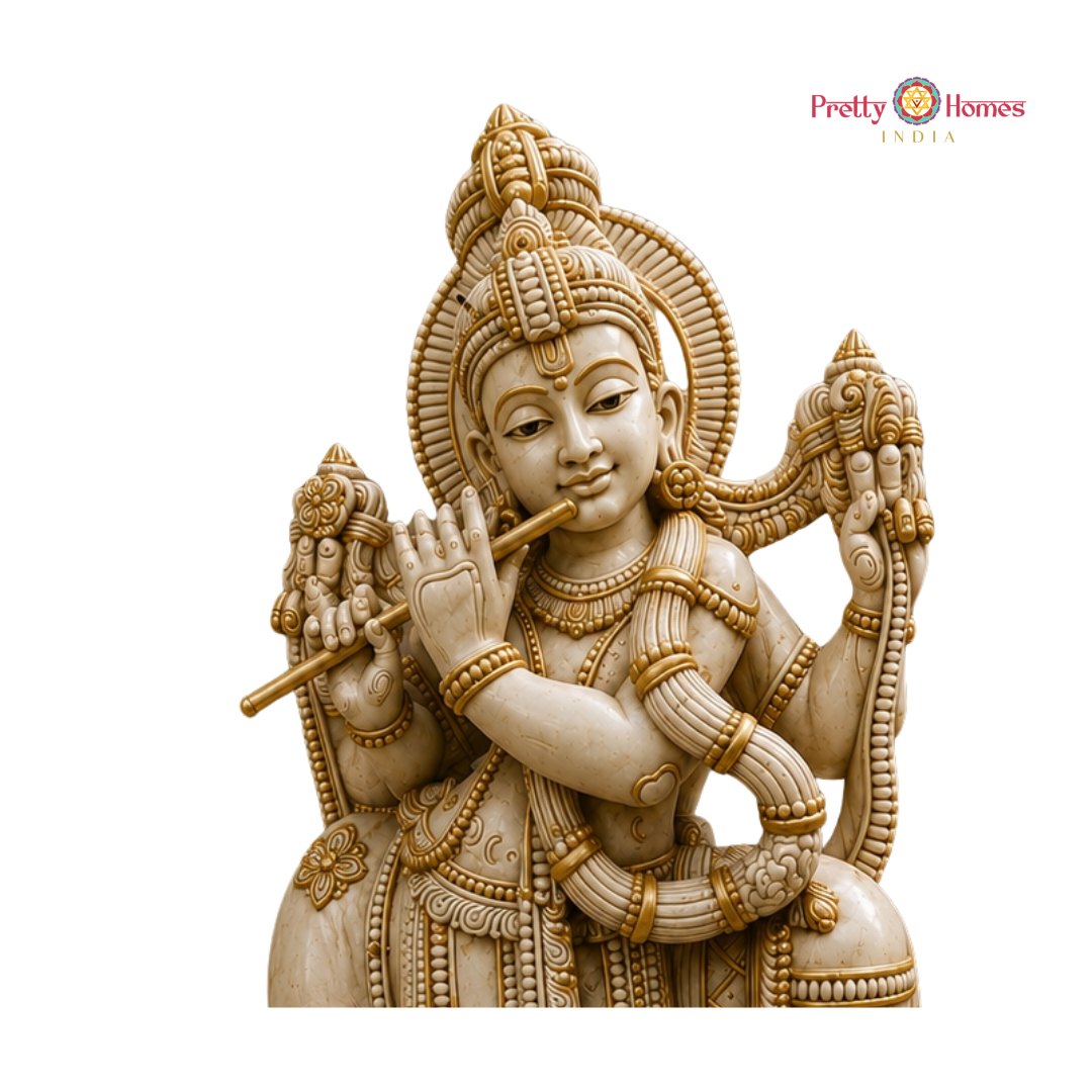 Wood-Carved Ivory Krishna with Cows