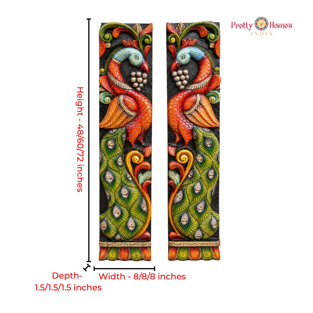 Hand-Carved Peacock Design Panel Pair
