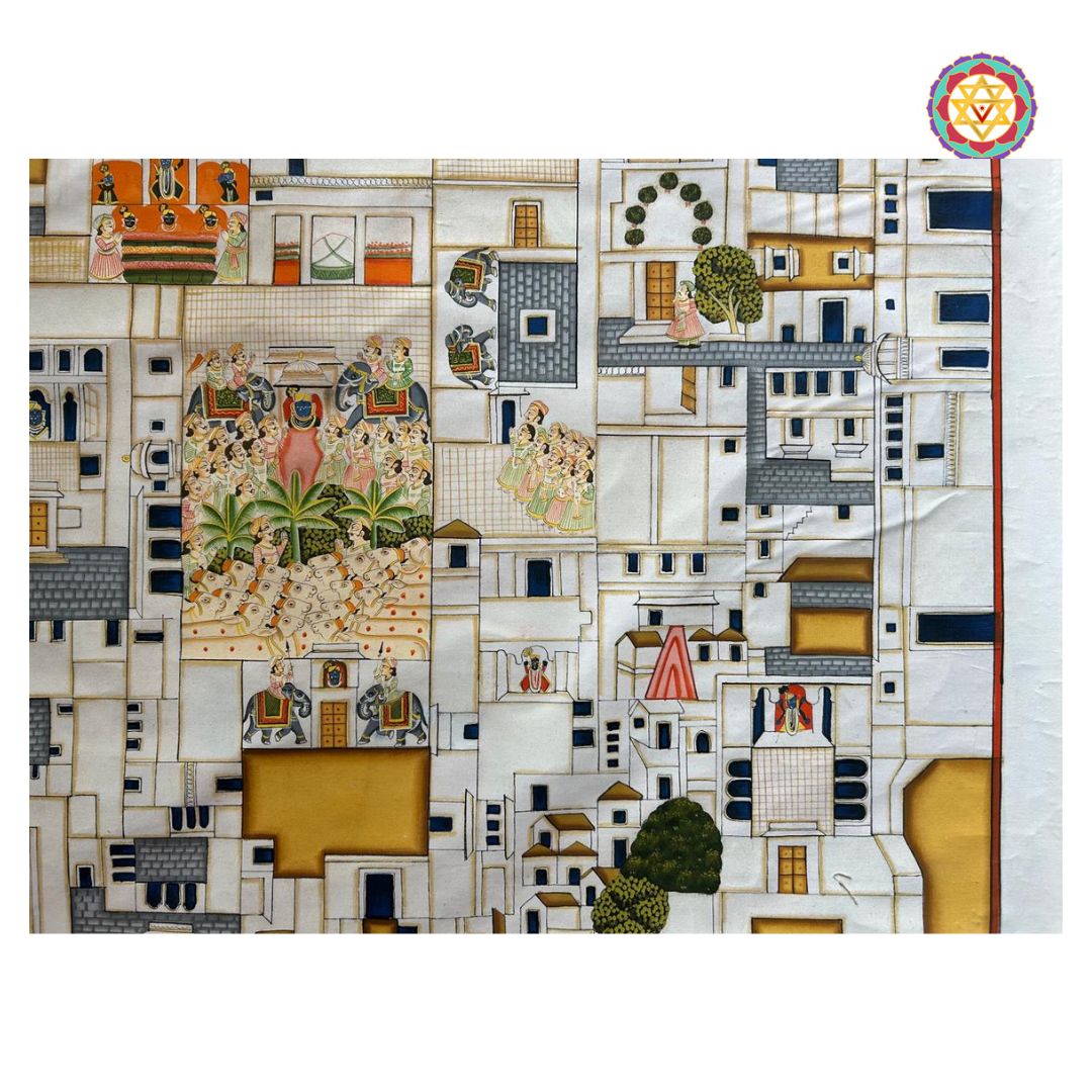 hand-painted pichwai depicting thakurji bhavan of nathdwara temple, detailed temple architecture and divine elements