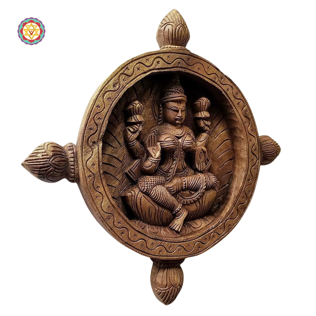 Wood carved round Goddess Laxmi