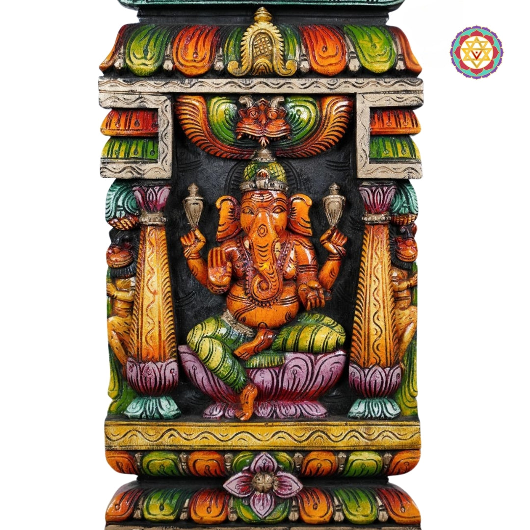 Wooden carved Ganesha wall panel in multicolour finish
