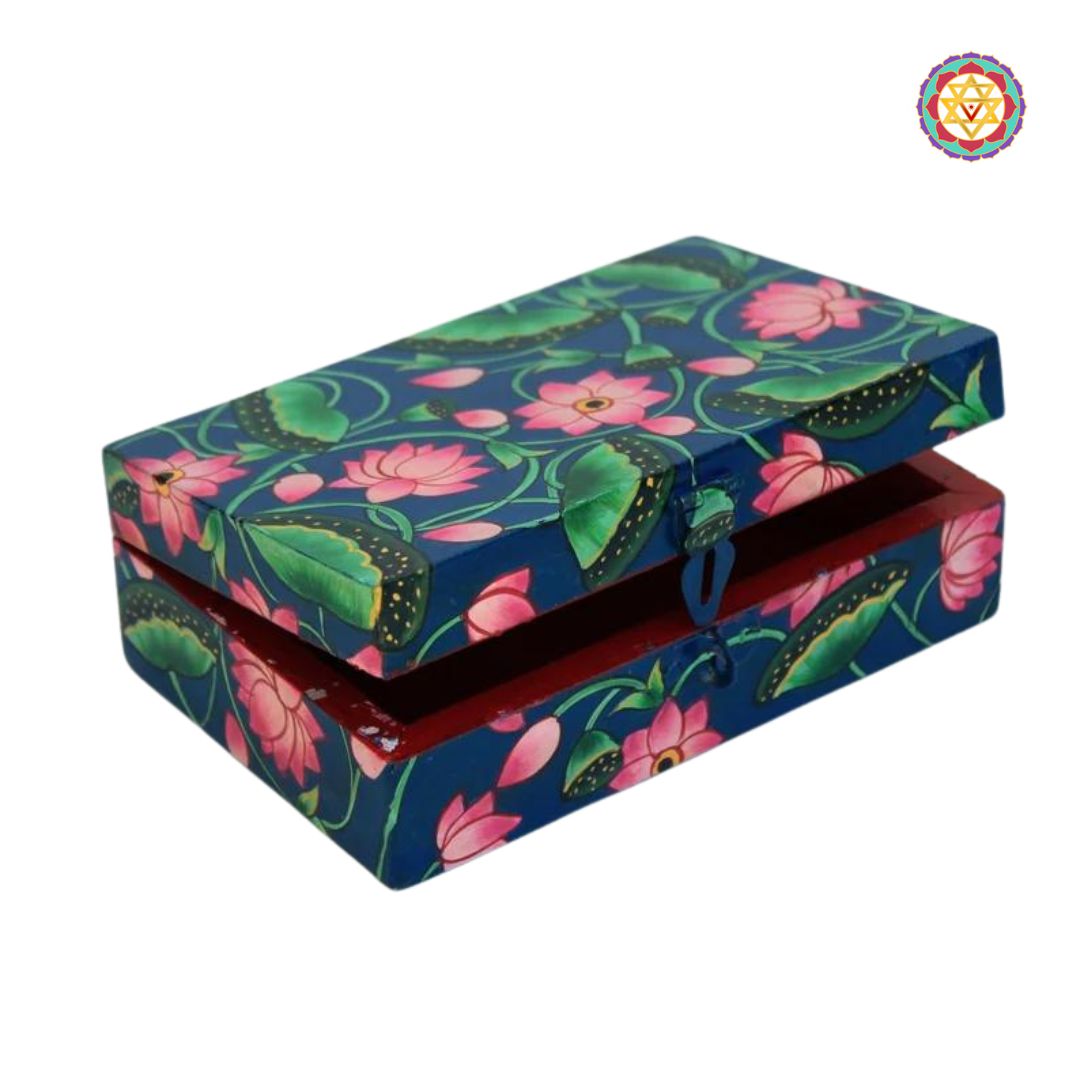 Angled view of Pichwai gift box in blue, shown with lid open to reveal deep storage.