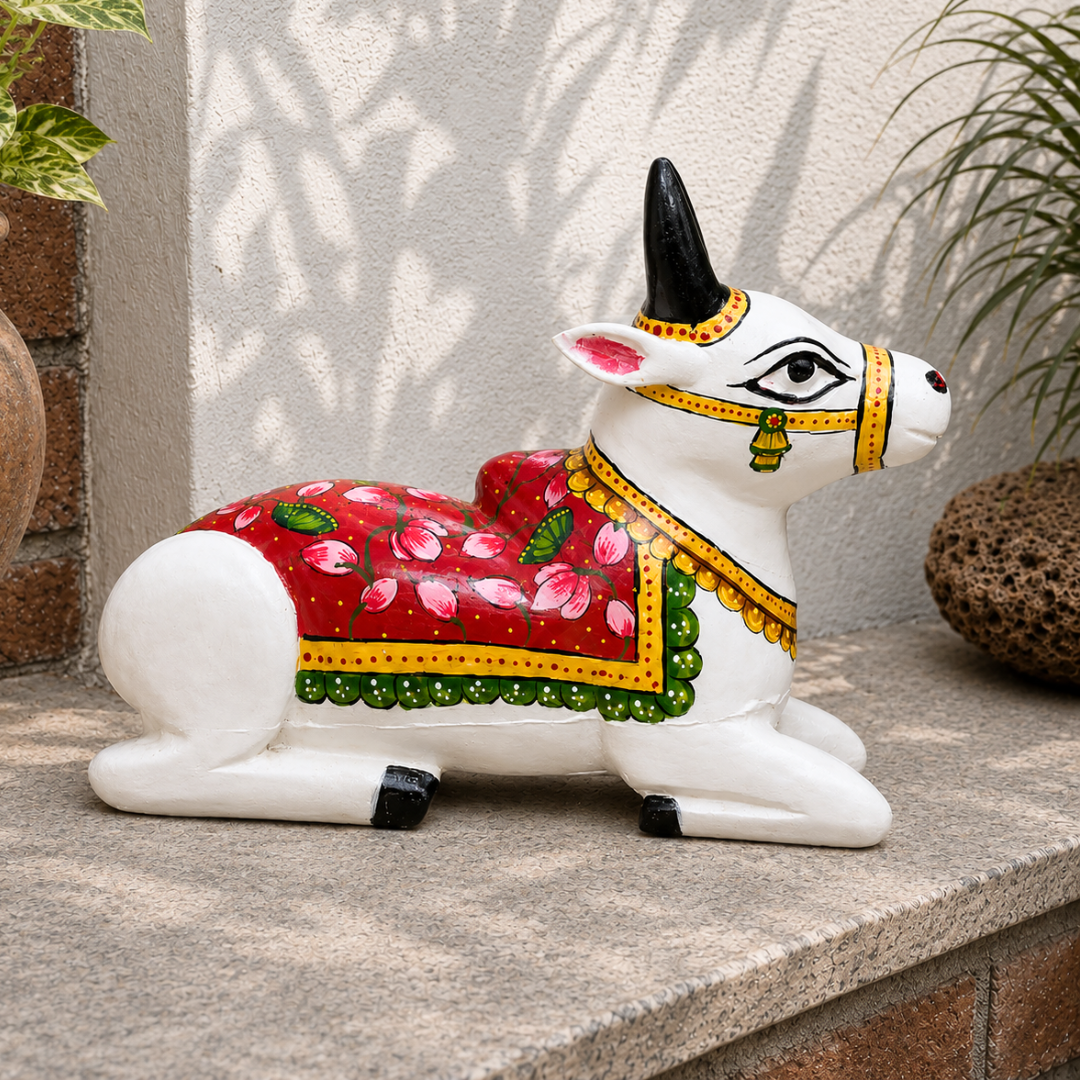 Handpainted Wooden White Nandi with Lotus Motifs