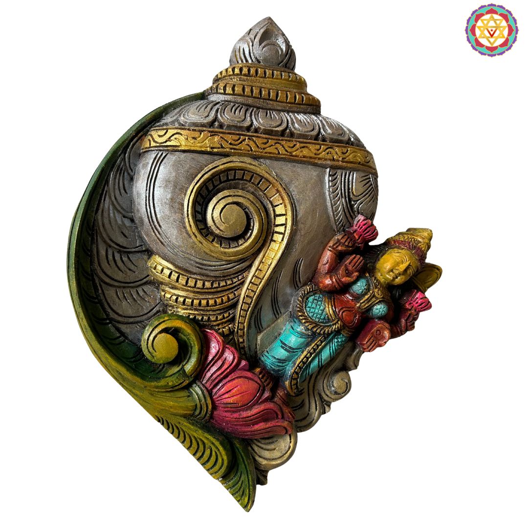 side angle view laxmi conch shankh frame showing depth of carving