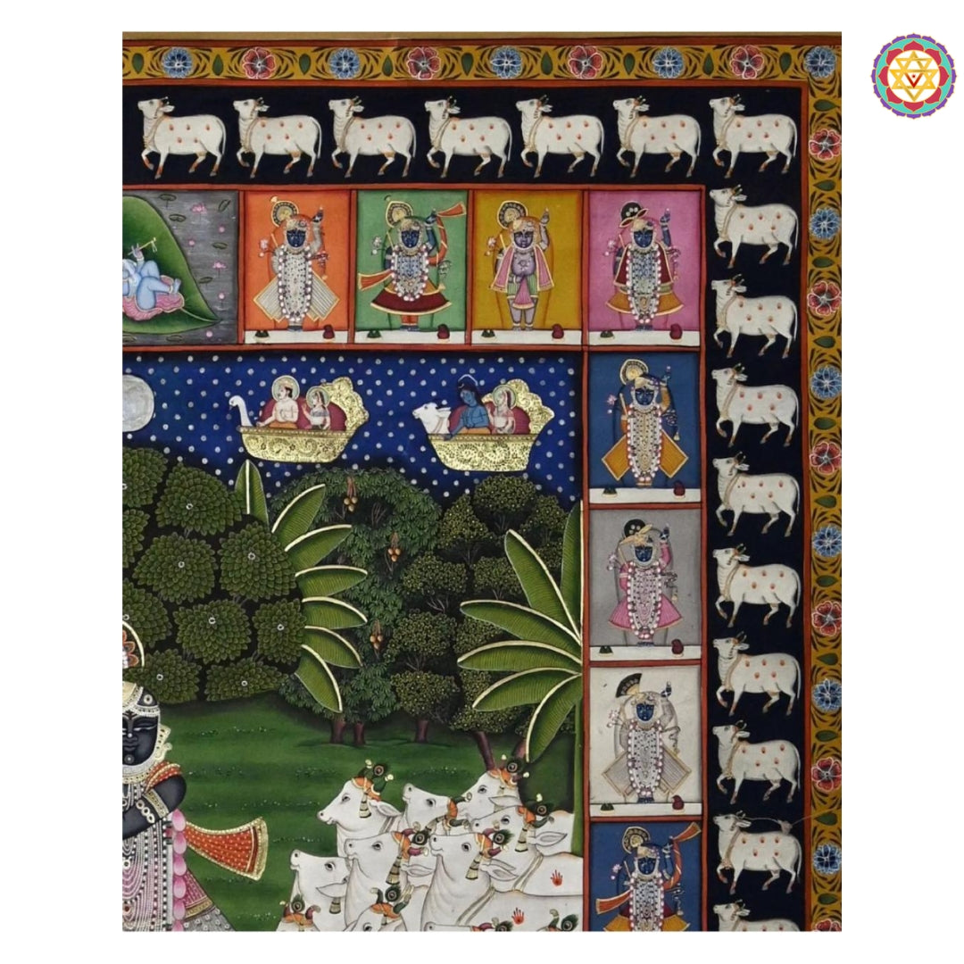 Hand-painted pichwai cow artwork with Shreenathji at center, set in richly bordered Gopashtami design.