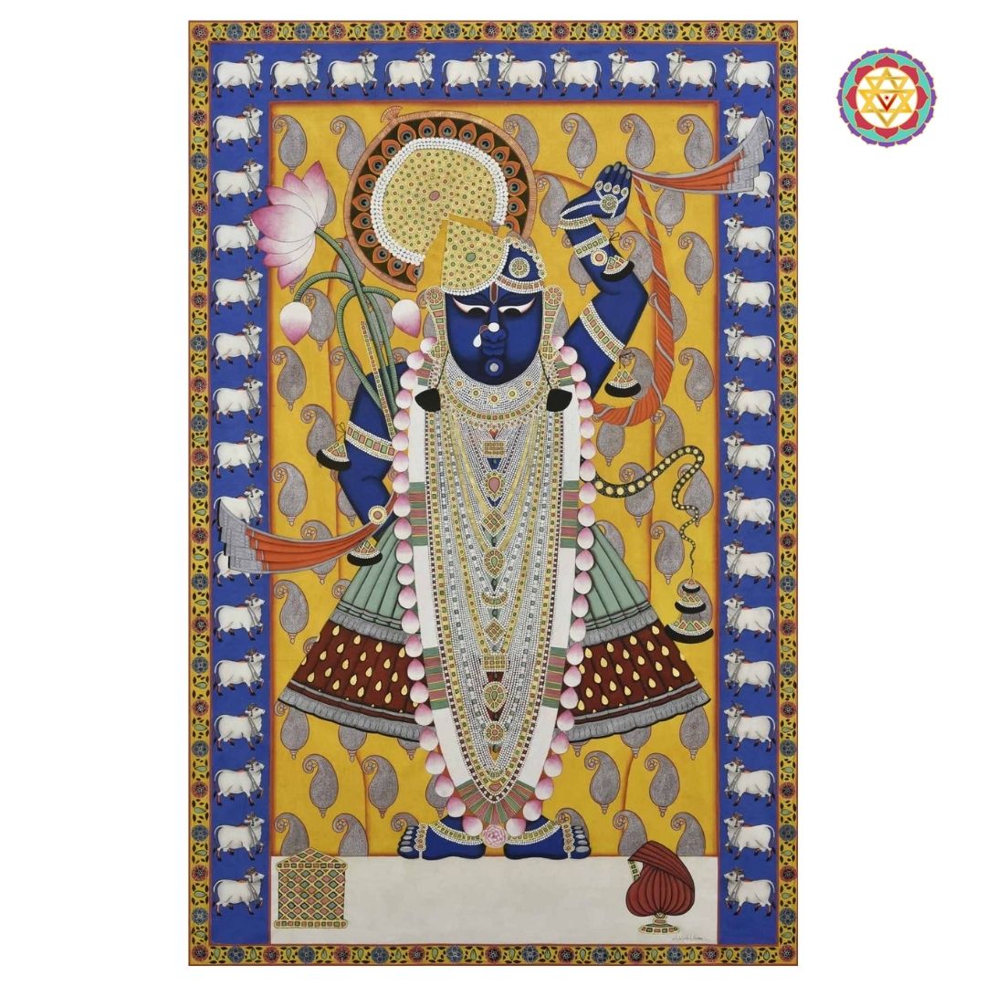 shrinathji pichwai angled view showing paisley cow border detailing