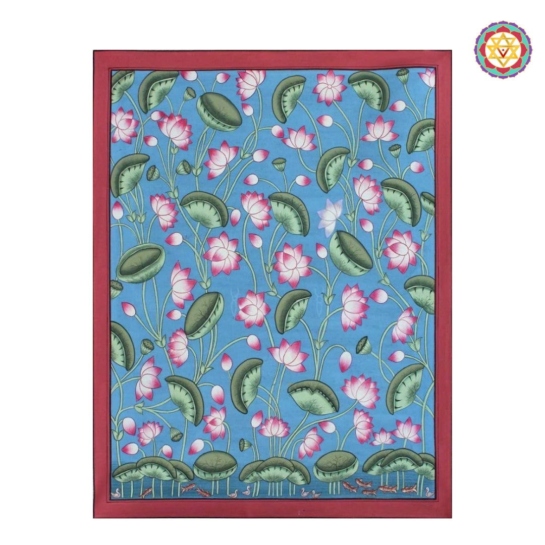 Product shot of lotus motif print with red border on white background for product listing