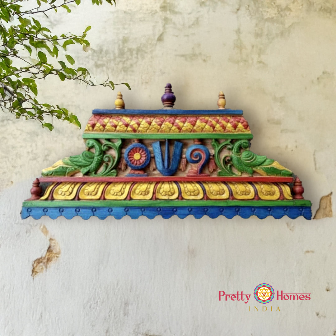 Wood Carved Chettinad Temple Gopuram Wall Hanging with Shankh Namam & Parrot Motifs for Sacred Interiors