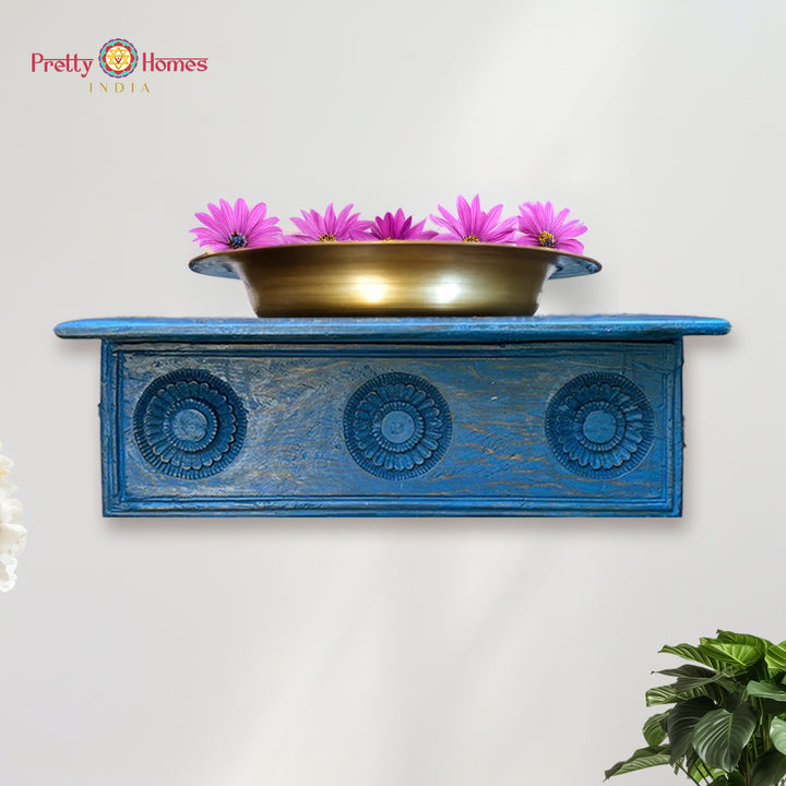 Wood Blue Carved Shelf. Wall floating shelf