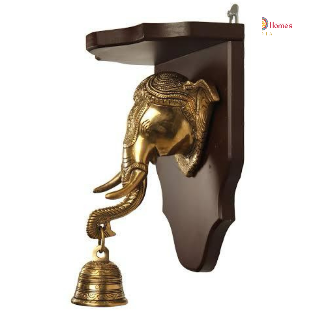 Brass & Wood Elephant Head Wall Bracket with Bell (Single)