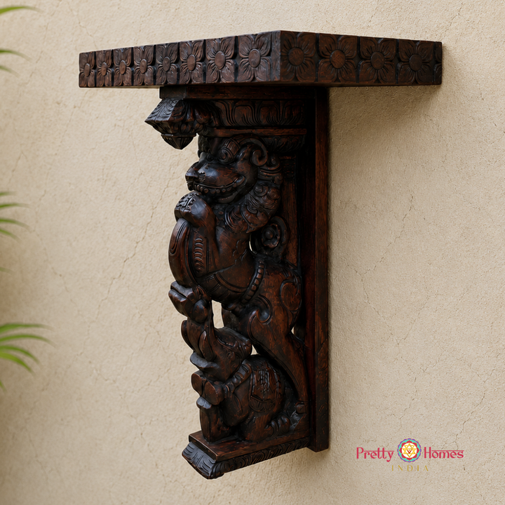 Woodcarved Yali & Elephant Wall Shelf