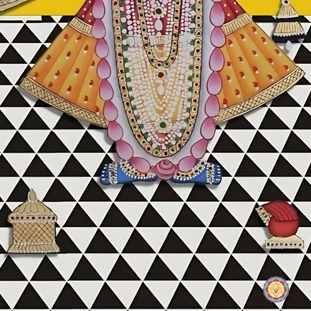 Colorful Pichwai representation of Radha Krishna’s divine love with lush decorations