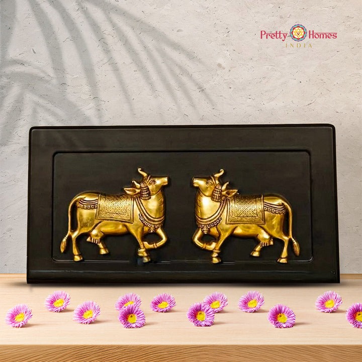 Brass Cow Wall Hanging, Wooden handcrafted frame with Divine Cow.