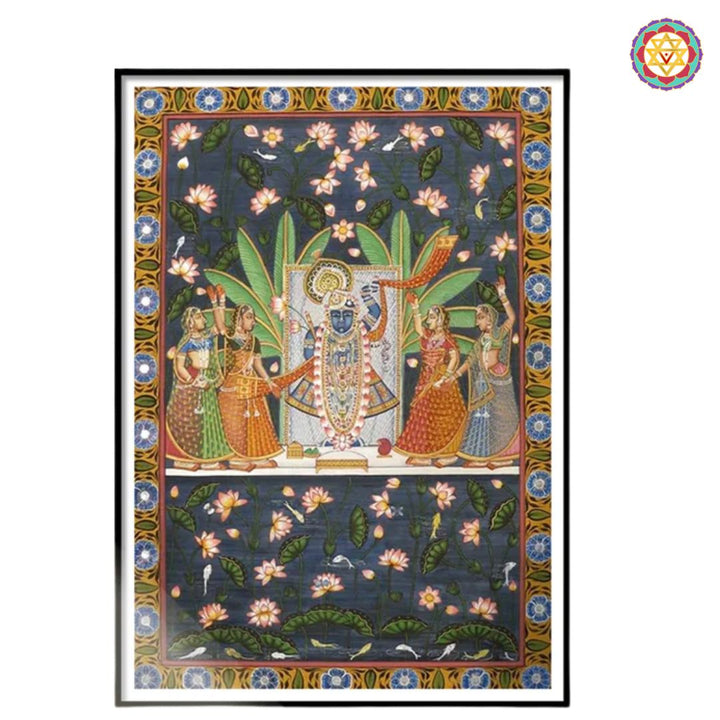 Shrinathji with Gopikas by the Kamal Talai – Handpainted Pichwai Elegance