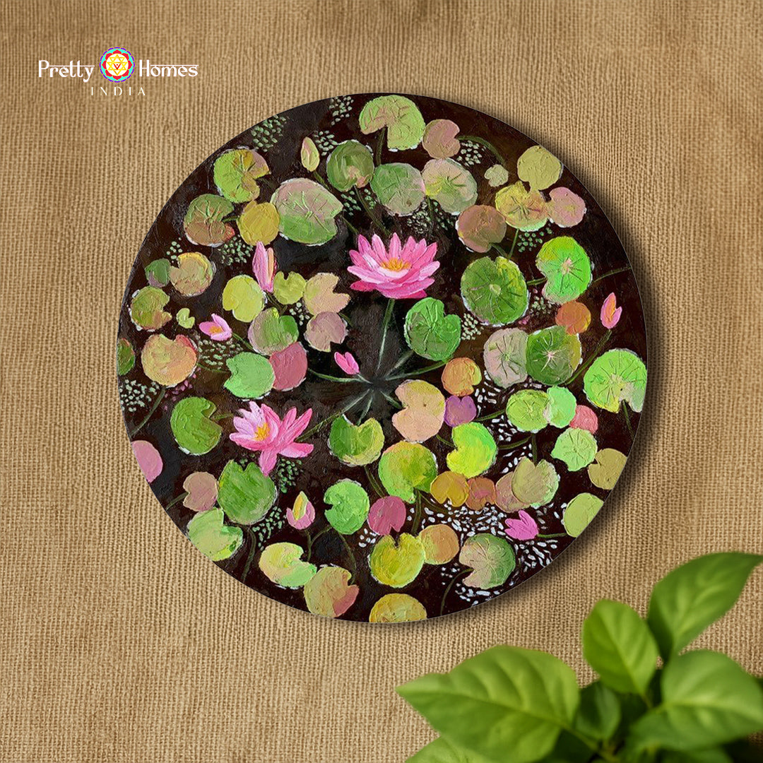 hand painted wall plate abstract lotus pond subtle abstract lotus composition wooden wall decor