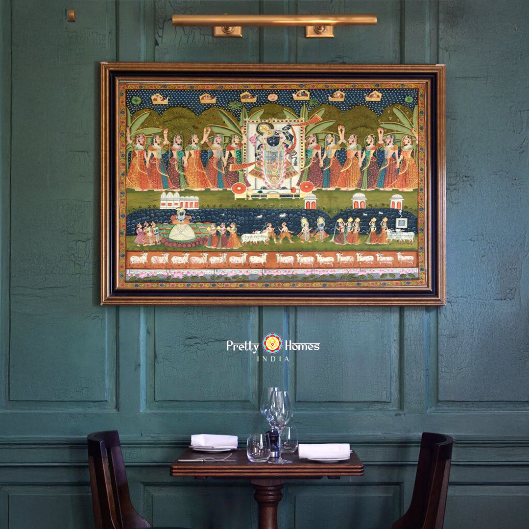 Elegant Pichwai wall hanging depicting the divine play of Krishna and the sacred Yamuna river