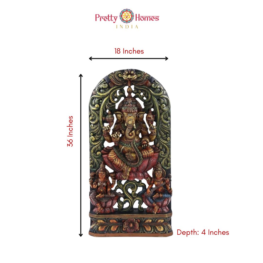 Woodcarved Ganesh statue with Goddess Laxmi & Saraswati.