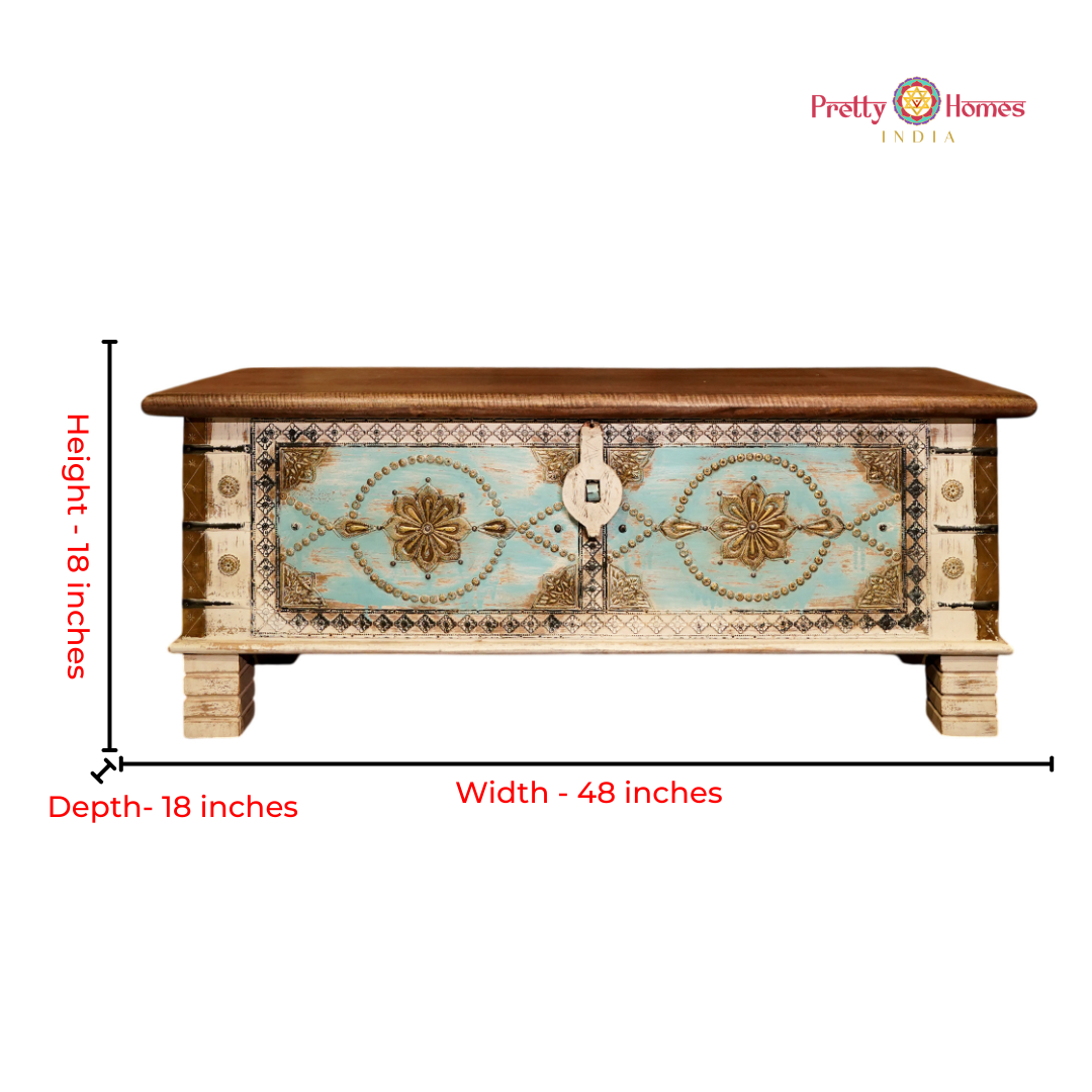 Large Wood-Carved Storage Trunk / Coffee Table with Brass Work