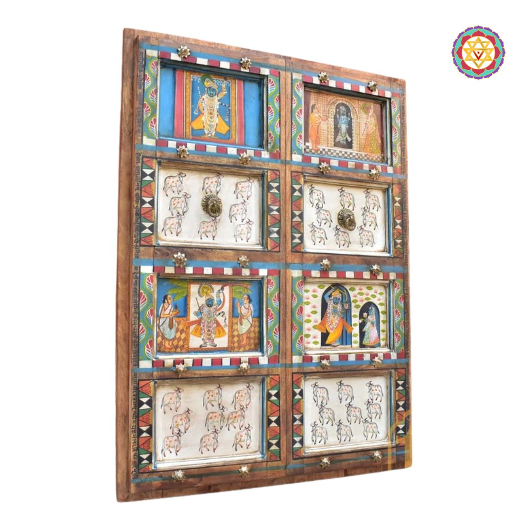 Woodcarved Handpainted Pichwai Door/Wall Frame with Intricate Brass Work