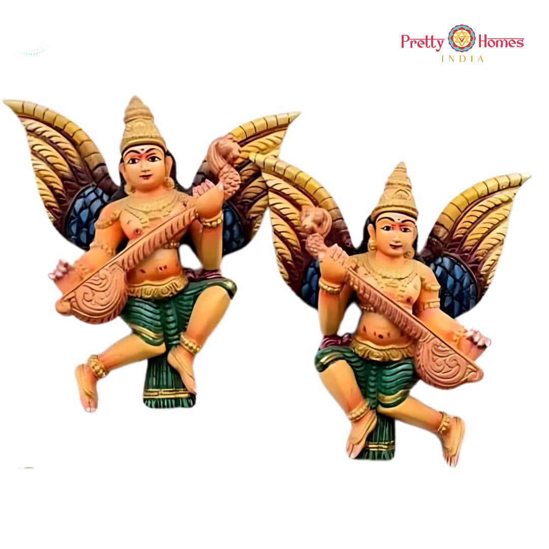 Handcrafted Gandharva statue — wooden Indian musical wall carving.