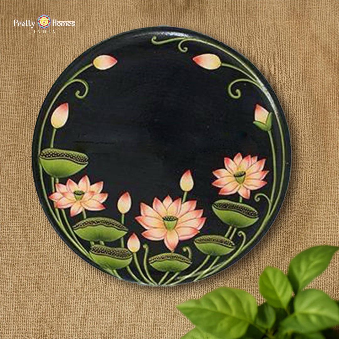 handpainted lotuses and leaves pichwai decor plate