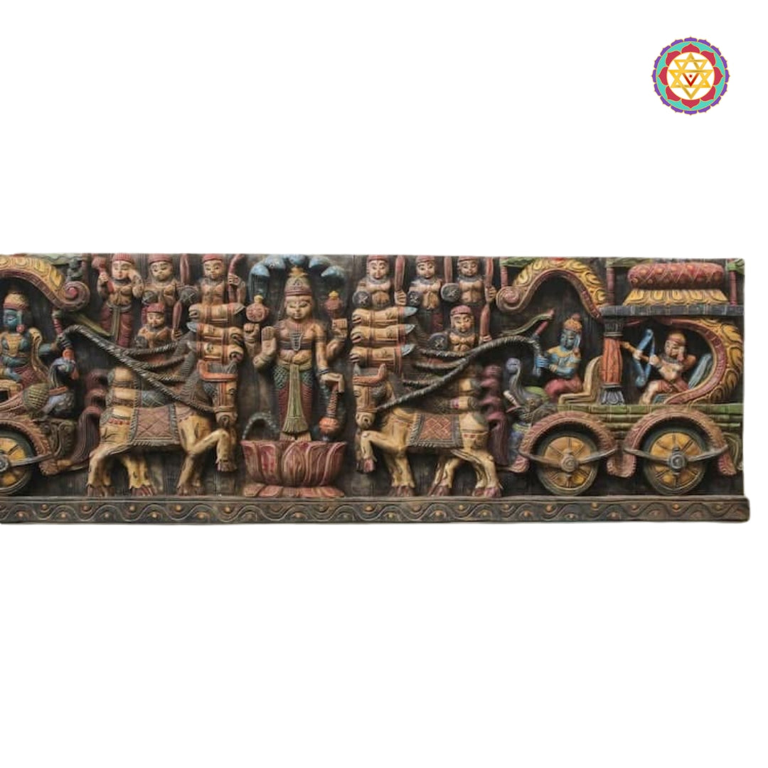 Side view of vintage-style Geetopadesha wooden wall panel