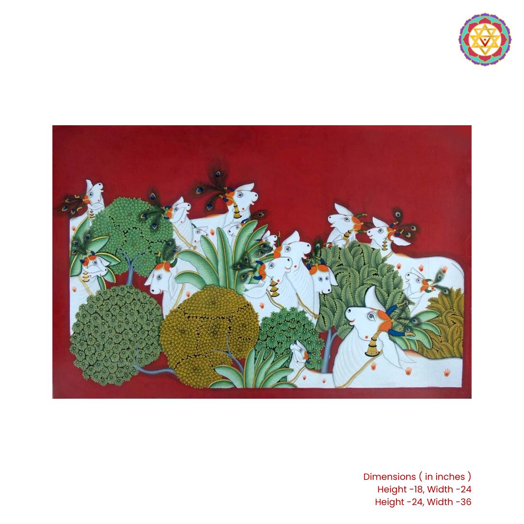 Closeup detailing of Vrindavan vibes Pichwai cows in nature