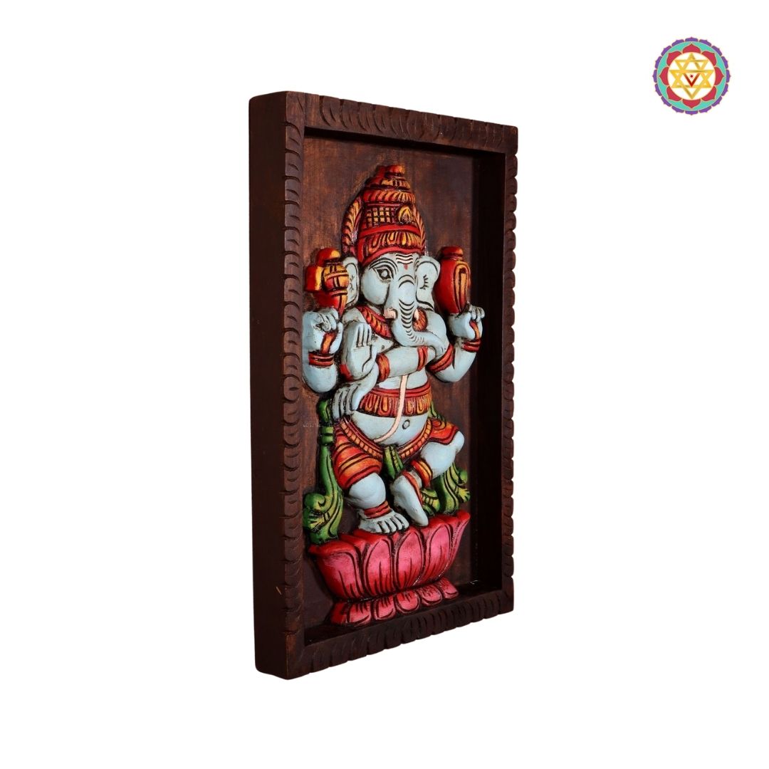 wood carved dancing ganesha frame mount close up carving detail and finished polish